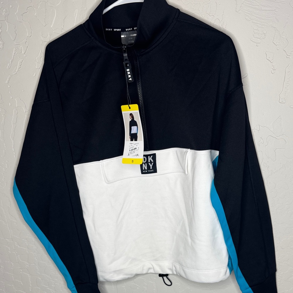 DKNY Men's Black, White, and Blue Zip-Up Sweater
